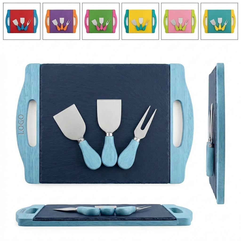 Modern Slate & Colored Wood Cheese Board Set with Stainless Steel Utensils