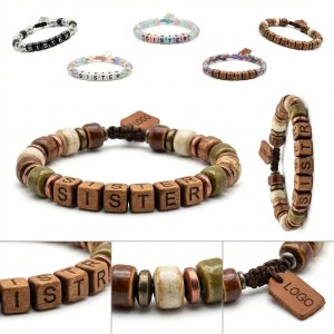 Personalized Sister Wooden & Ceramic Bead Bracelet with Adjustable Closure